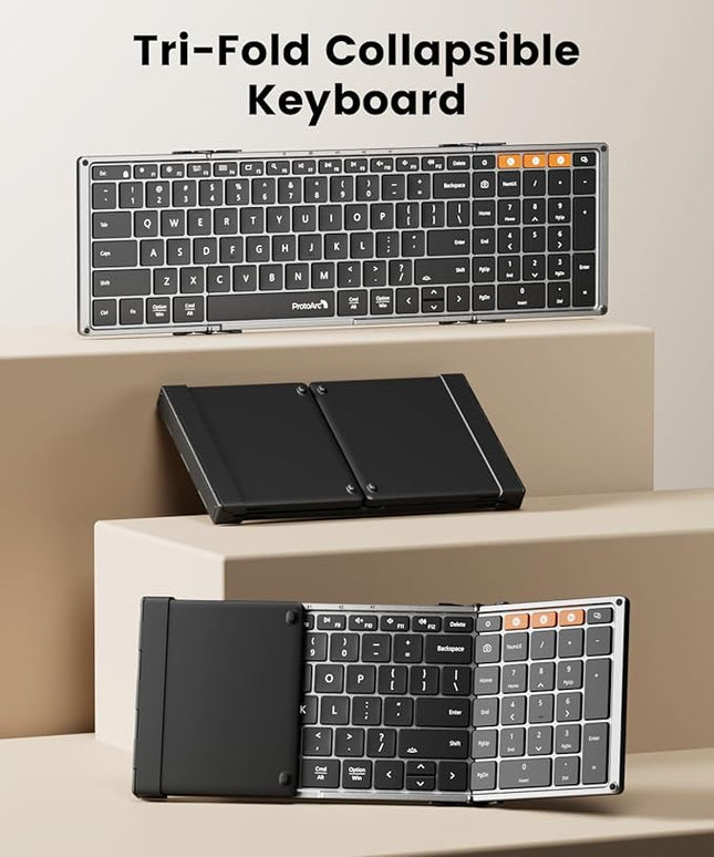 ProtoArc Backlit Foldable Keyboard, XK01 Plus Folding Portable Bluetooth Keyboard for Travel, True Full Size External Wireless Keyboards with Backlight for iPad Tablet Smartphone Laptop PC