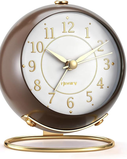 rjuwurv Metal Desk Alarm Clock, Retro Bedroom Table Vintage Analog Silent Non-Ticking Gold Alarm Clock, Bedside Decor(Coffee Brown)