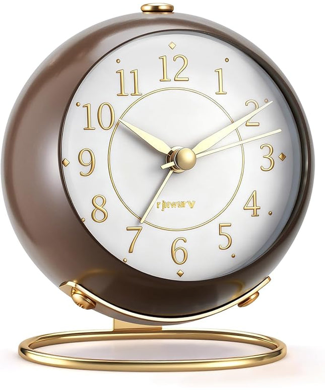 rjuwurv Metal Desk Alarm Clock, Retro Bedroom Table Vintage Analog Silent Non-Ticking Gold Alarm Clock, Bedside Decor(Coffee Brown)