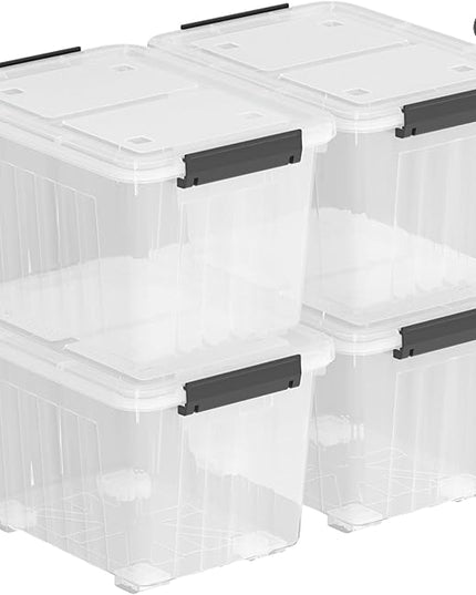 30 Quart 4 Pack Plastic Storage Bins with Latching Lids and Wheels, Clear Latch Box Container