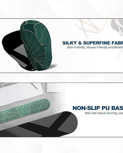 Ergonomic Mouse Pad and Keyboard Wrist Rest with Massage Design, Space-Saving Mouse Pad Wrist Support, Memory Foam Wrist Rest with Non-Slip PU Base for Computer Desk, Green Leaves