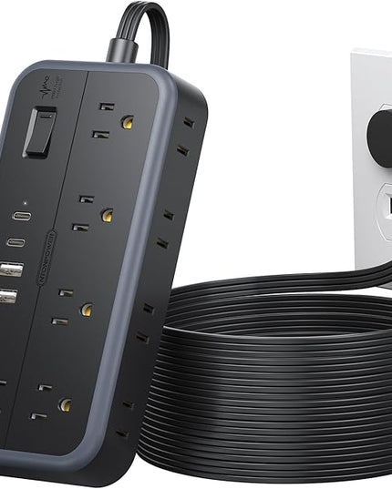 NTONPOWER Surge Protector Power Strip 15 Ft Cord, 10 Widely Spaced Outlets, 4 USB Port(2 USB C Port), Ultra Thin Flat Plug Extension Cord 15 Feet, 2700J Surge Protection for Home Office Garage, Black