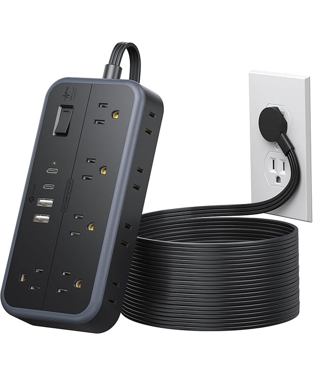 NTONPOWER Surge Protector Power Strip 15 Ft Cord, 10 Widely Spaced Outlets, 4 USB Port(2 USB C Port), Ultra Thin Flat Plug Extension Cord 15 Feet, 2700J Surge Protection for Home Office Garage, Black