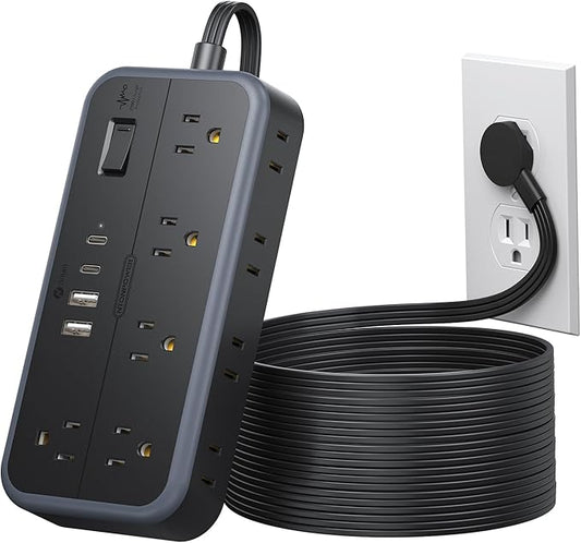 NTONPOWER Surge Protector Power Strip 15 Ft Cord, 10 Widely Spaced Outlets, 4 USB Port(2 USB C Port), Ultra Thin Flat Plug Extension Cord 15 Feet, 2700J Surge Protection for Home Office Garage, Black