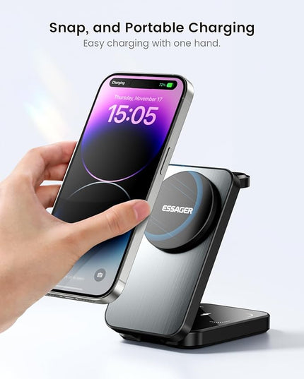 ESSAGER 3 in 1 Foldable Travel Wireless Charger Compatible with iPhone 16/15/14/13/12 Series, 15W Magnetic Wireless Charging Station for Desk for Airpods 4/3/2/Pro, iWatch with 20W Adapter