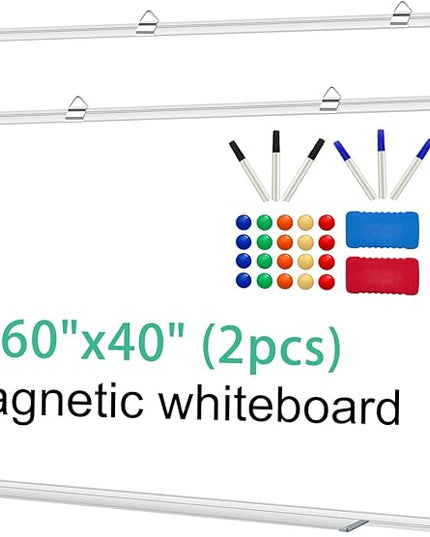 H-Qprobd Whiteboard Dry Erase White Board for Wall 60x40 (2pcs) Magnetic Boards for Office Classroom & Home, Large Wall White Board Including 6 Markers, 20 Magnets, 2 Erasers