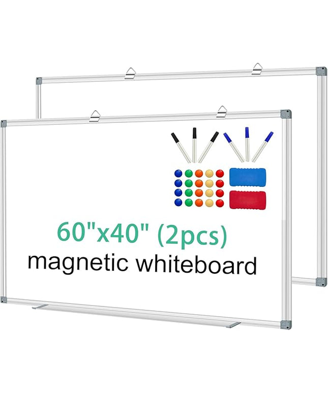 H-Qprobd Whiteboard Dry Erase White Board for Wall 60x40 (2pcs) Magnetic Boards for Office Classroom & Home, Large Wall White Board Including 6 Markers, 20 Magnets, 2 Erasers