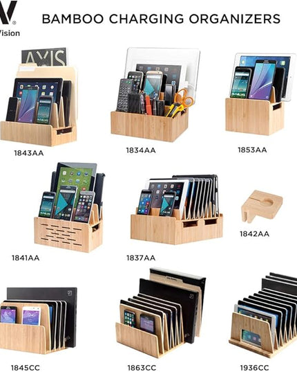 MobileVision Bamboo 10-Port Charging Station & Docking Organizer for Smartphones & Tablets, Family-Sized, for use in Corporate Offices & Classrooms