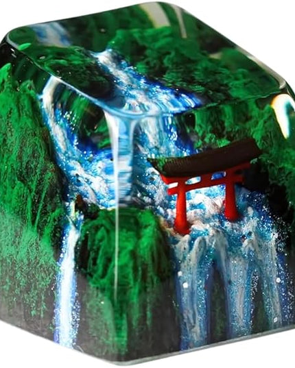 Red Torii Gate Artisan Keycap Japanese Shrine with Summer Waterfall R1 SA Profile Custom Keycaps 1U ESC Handmade Gaming Resin Key Cap Cherry MX Switch Compatible Mechanical Keyboard Japan Lover Gift