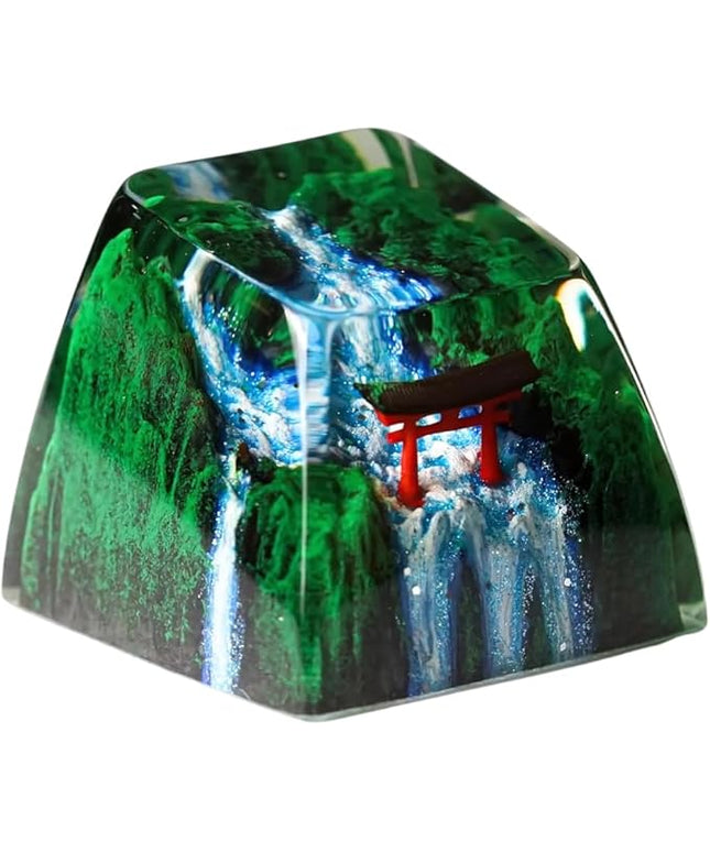 Red Torii Gate Artisan Keycap Japanese Shrine with Summer Waterfall R1 SA Profile Custom Keycaps 1U ESC Handmade Gaming Resin Key Cap Cherry MX Switch Compatible Mechanical Keyboard Japan Lover Gift