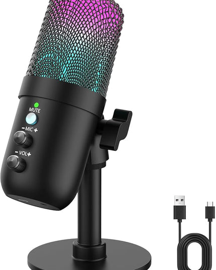USB Microphone, Computer Condenser Mic with Noise Cancellation, Echo Mode, RGB Lighting, Mute Button, Plug & Play Gaming Mic for PC, Mac, PS5, Streaming, Recording, Podcasting & Online Meetings