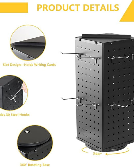 BYCY Rotating Pegboard Display Stand with 30 Hooks,Metal Spinning Peg Board Displays for Craft Shows,4-Sided Jewelry and Accessories Display Racks for Markets,Vendors,Events&Retail Stores (Black)