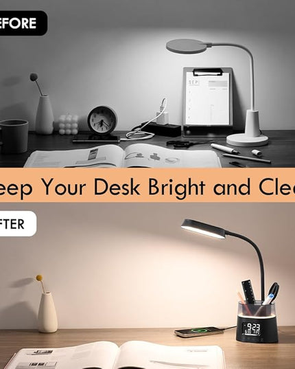 WILIT LED Kids Desk Lamp, Dimmable Study Lamp for Home Office Desk Accessories, with Pen Holder & Clock, USB Charging, RGB Night Light, Bedroom & College Dorm Room Essentials for Girls - Black