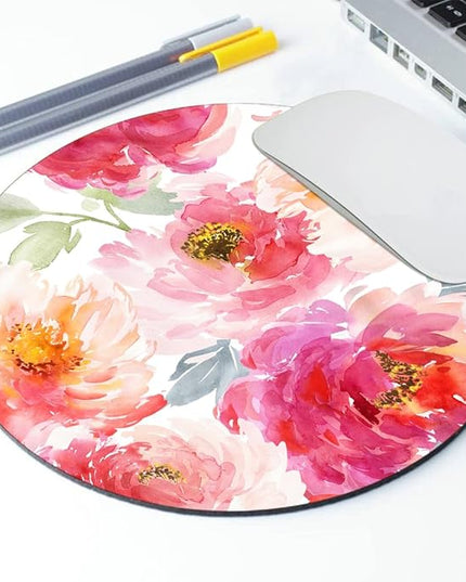 Pink Peony Flower Round Mousepad, Personalized Custom Design Mouse Pads，Cute Waterproof Circular Non-Slip Rubber Base Small Mouse Pad， Mousepad for Laptop Computers