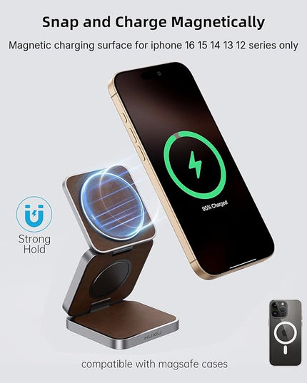 Foldable Magnetic Wireless Charger, KU XIU Aluminum Alloy 3 in 1 Charging Station for Apple, Fast Charging Travel Charger for iPhone 17 16 15 14 13, 5W for Apple Watch Ultra, AirPods, Leather Texture