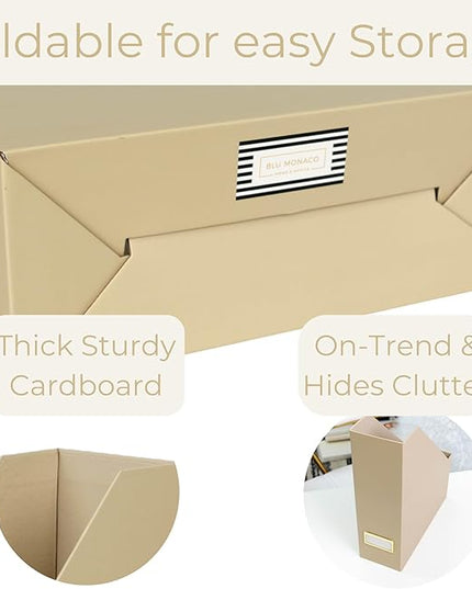 BLU MONACO | Set of 6 Foldable Taupe Magazine File Holders with Label Holders | Vertical File Organizer & File Storage Boxes for Desk, Shelves & Home Office