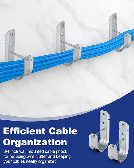 25 Pcs 2" Galvanized Steel J-Hooks, Heavy Duty Wall Mount Cable Support J Hook with Retainer Clip for Cable Management