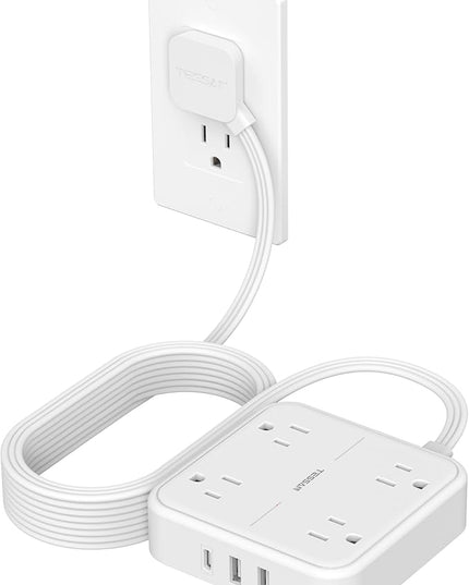 Surge Protector Flat Extension Cord 15Ft, TESSAN Flat Plug Power Strip with 4 Outlets 3 USB Ports (1 USB C), 900 Joules Protection, Multiple Wall Outlet Extender Suitable for Home Office Dorm, White
