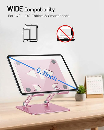 Tablet Stand Holder for Desk, Adjustable Desktop Tablet Holder, Foldable Aluminum Tablet Mount for iPad pro 12.9, iPad Air Mini, Samsung Galaxy Tabs Z Fold Kindle Fire,4-12 inch, Rose Gold