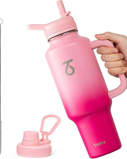Trebo 40 oz Water Bottle Insulated with Handle, Leakproof Keep 24hrs Cold &Hot,Stainless Steel Travel Tumbler that Fits in Car Cup Holder with Straw Lids,Pink Reusable Water Bottles for women