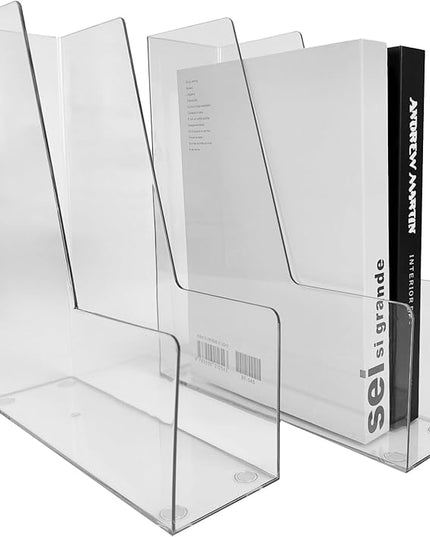 Vertical File Holder, 2 pack Plastic Magazine Organizer, Multi-purpose Document Organizer for Home Office (Clear)