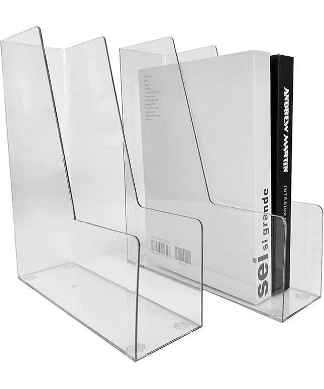 Vertical File Holder, 2 pack Plastic Magazine Organizer, Multi-purpose Document Organizer for Home Office (Clear)