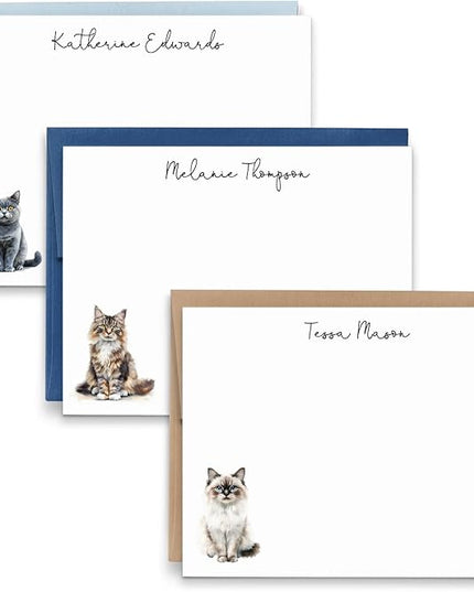 Personalized Cat Stationery Set For Women, Choose Your Cat Breed, FLAT Cute Cat Notecards With Envelopes, Kitten Notecard For Studying, Custom Note Cards With Cats, Your Choice of Color and Quantity