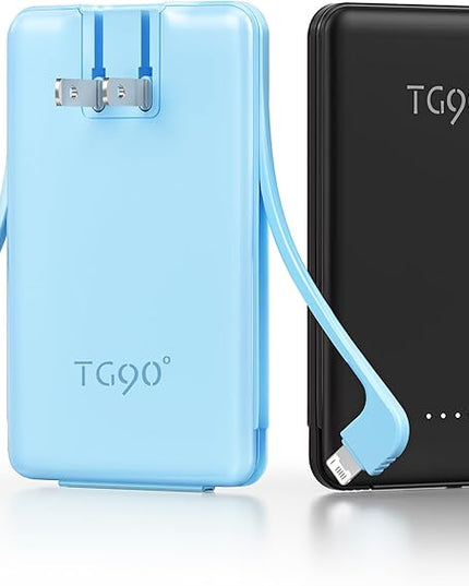 TG90° 2 Pack 5000mAh Power Bank,Small Portable Charge Built-in AC Plug and Cables,Pocket Size USB C External Battery Pack Compatible with iPhone 17 16 15 14 13 12 Samsung Google iPad,Black & Blue