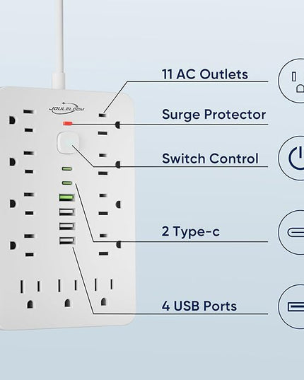 6 FT Flat Plug Surge Protector Power Strip,11 Multiple AC Outlets with 6 USB Ports (2 USB C), 6 Feet Extension Cord, 1250W/10A, One Touch Switch Button, 17 in 1 Compact powerstrip-White
