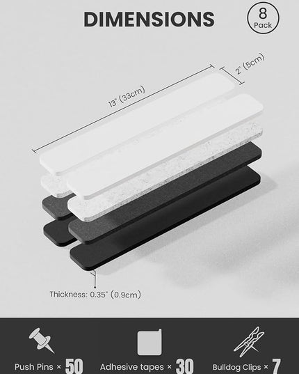 Fluxynara Cork Board Alternative Felt Strip Board 8-Pack 13"x2", Office Pin Board with 50 Push Pins, Adhesive Install for Bedroom Door & Home Office(Concrete Echo)