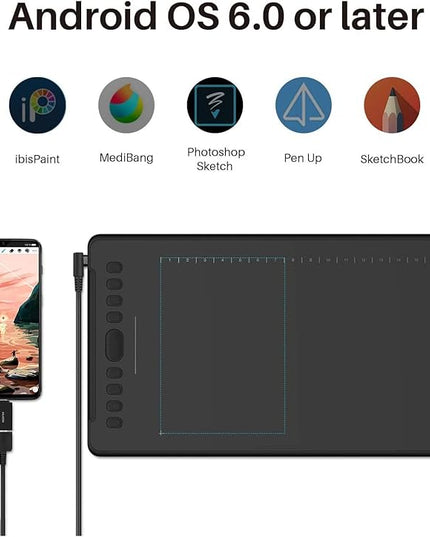 HUION Inspiroy H1161 Graphics Drawing Tablets, Touch Strip and 8192 Pen Pressure Sketch Tablet with Battery-Free Stylus,10 Shortcut Keys, Compatible with Android, Windows, and Mac Black