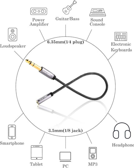 DUKABEL TopSeries 6.35mm (1/4 inch) to 3.5mm (1/8 inch) Headphone Jack Adapter, 1/8 (Female) to 1/4 (Male) Extension Cable, 3.5 to 6.35 Audio Cable for Mixer Guitar Piano Amplifier Speaker and More