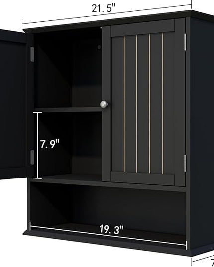 Over The Toilet Bathroom Wall Cabinet with 2 Doors & Open Shelf – Space Saving Medicine Cabinet, Wooden Wall Mounted Storage Cupboard for Bathroom Organization Black