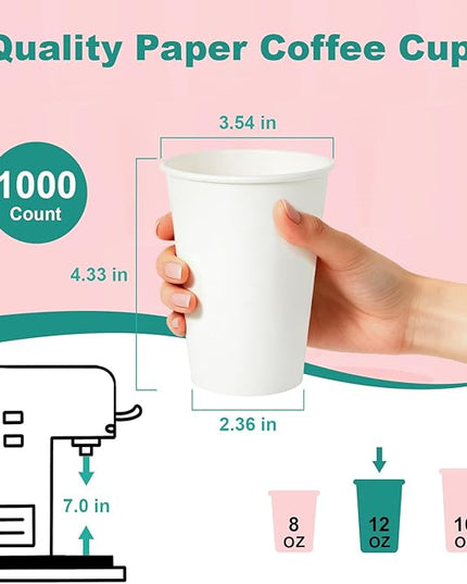 Coolcap 12 oz 1000 Pack Disposable Coffee Cups, Bulk White Disposable Paper Cups, Coffee Cups for Hot Tea, Chocolate and Cold Drinkse