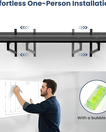 1-Pack Garage Wall Shelves, 2' x 4' Heavy Duty Wall Mounted Storage Rack with 3 Hooks, 250 lbs Capacity, Steel Garage Organization Shelving for Tools, Bins, and Power Equipment