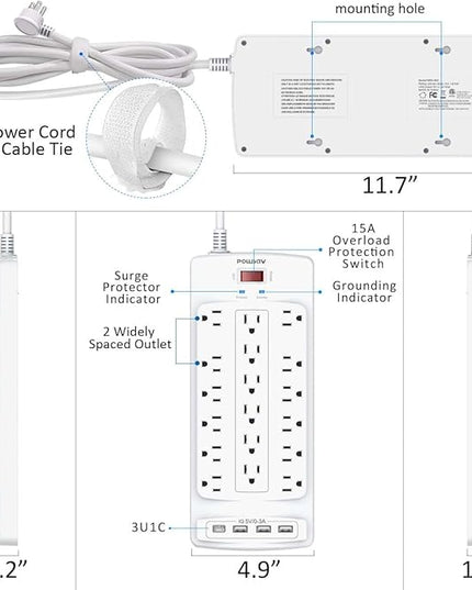18 Outlets Surge Protector Power Strip - 6 Feet Flat Plug Heavy Duty Extension Cord with 18 Widely Outlets and 4 USB Ports, 2100 Joules, White, ETL Listed