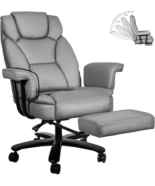 Reclining Office Chair with Footrest, Big and Tall Home Office Desk Chairs 400lbs with High Back, Criss Cross Wide Seat, Heavy Duty Base, Pu Leather, Grey
