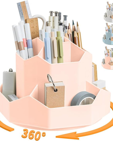 Pencil Pen Holder for Desk,9 Slots 360 Degree Rotating Desk Organizers,Desktop Storage Stationery Supplies Organizer, Cute Pencil Cup Pot For Office, School, Home(Pink)