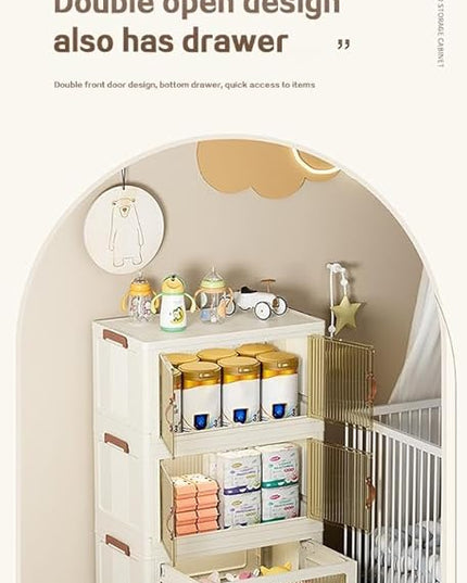 Transparent Opening Lid Indoor Storage Cabinet with Wheels, 3-Layer Medium Size Organizer for Home Decor, Baby-Safe Plastic Storage Cupboard for Living Room Bedroom Office