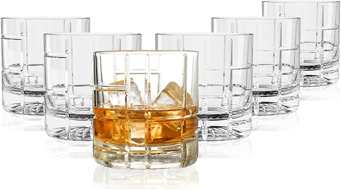LEMONSODA Premium Double Rock Old Fashioned Whiskey Glass Tumbler - Set of 6-12oz - Perfect for Cocktails, Scotch, Whiskey, Bourbon and Cognac - For Gifts, Parties (Checkered)
