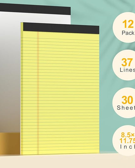 Yellow Legal Pads 8.5 x 11 College Ruled - 12 Pack Yellow Paper Tablets 8 1/2 x 11 Note Pads - Perforated Yellow Pads 8.5 x 11 Double-Size Printing Notepad 30 Sheets each Note Pad for Office School