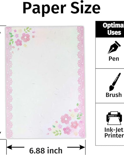 Iyo Washi Printable Stationery Paper 15 Sheets (9.7 x 6.9 inch) Made in Japan, Japanese Pink Flowers Stationery Paper, Inkjet Printer, for Letter Writing, Greeting Card