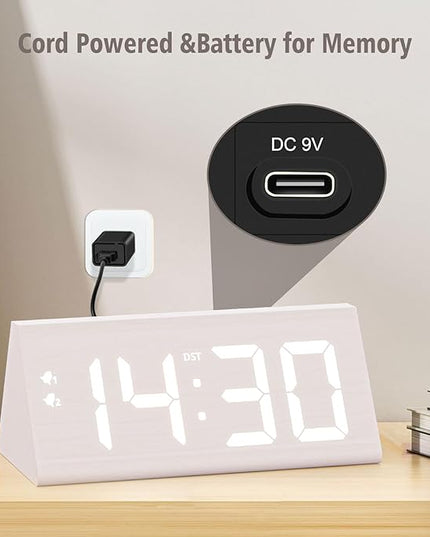 fomobest Wooden Digital Alarm Clock with Dual USB Charging Ports, DST, Dimmable, Snooze, Modern Large Time Display LED Clock for Kids Bedrooms, Living Room, Desk, Table, Bedside, Nightstand (White)