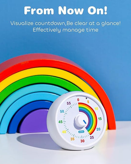 Visual Timer for Kids, 60-Minute Countdown for Classroom Office Kitchen, Desk Timer Kids Time Management Tools with Silent Operation, Pomodoro Timer Rainbow Pattern(White)