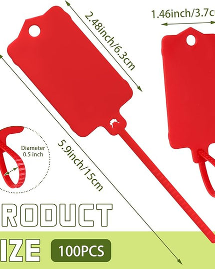 LeonBach 100 PCS Plastic Shipping Tags, 1.46" x 2.48", Waterproof Labels Writable Hanging Tag with Sealing Strap, Shipping Cable Tie Label Tags for Keys Luggage Logistic Retail Inventory(Red)