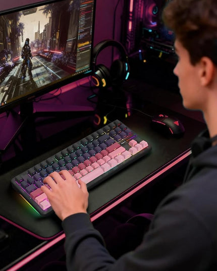 Aula F87 Pro Gaming Keyboard, Tri-Mode BT5.0/2.4GHz/USB-C Hot-Swappable RGB Wireless Mechanical Keyboard, Gasket Mount, 8000mAh, for Windows/Mac Gamer & Typists（LEOBOG Gray Wood Switch V4）