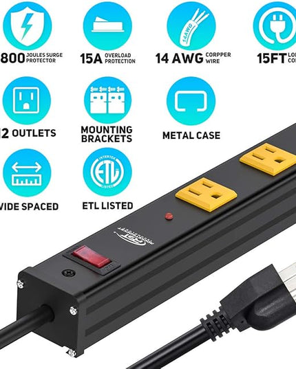 CRST Heavy Duty Surge Protector Power Strip Wide Spaced 12-Outlet 15 Feet Long Extension Cord with Mounting Brackets 15A Circuit Breaker 1800 Joules…