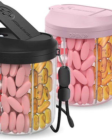 Pill Dispenser with 7 Large Compartments, Pill Organizer for Travel, Supplement Organizer with Anti-Mixing Design, Pink+ Black