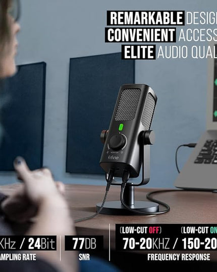 FIFINE USB-Podcast-Condenser-Microphone for Studio-Recording/Computer-Streaming, Desktop-Metal-Mic for YouTube Music Vocal Creation, with Monitor-Mix Volume-Control, Low-Cut Switch (PROFILE3)
