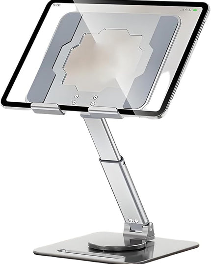 GuaziV 360° Rotating Tablet Stand - Adjustable iPad Tablet Holder for Desk, Foldable iPad Swivel Stand for Home & Office (Polished Silver)